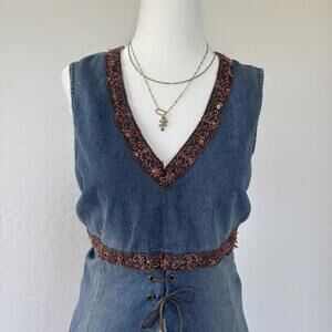 Vintage Bohemian denim top with beaded waist & v-neck